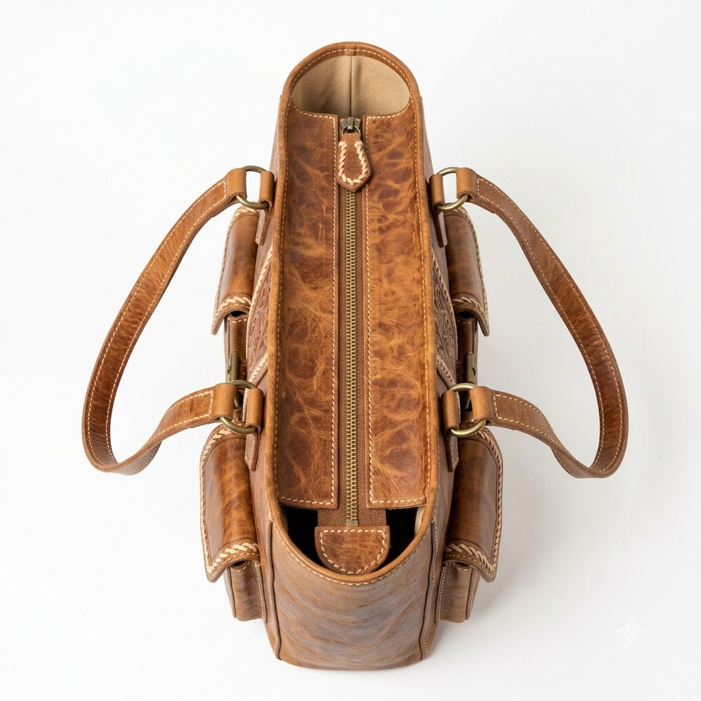 Artisan Pocket Tote brown leather pocket tote, additional product view 1