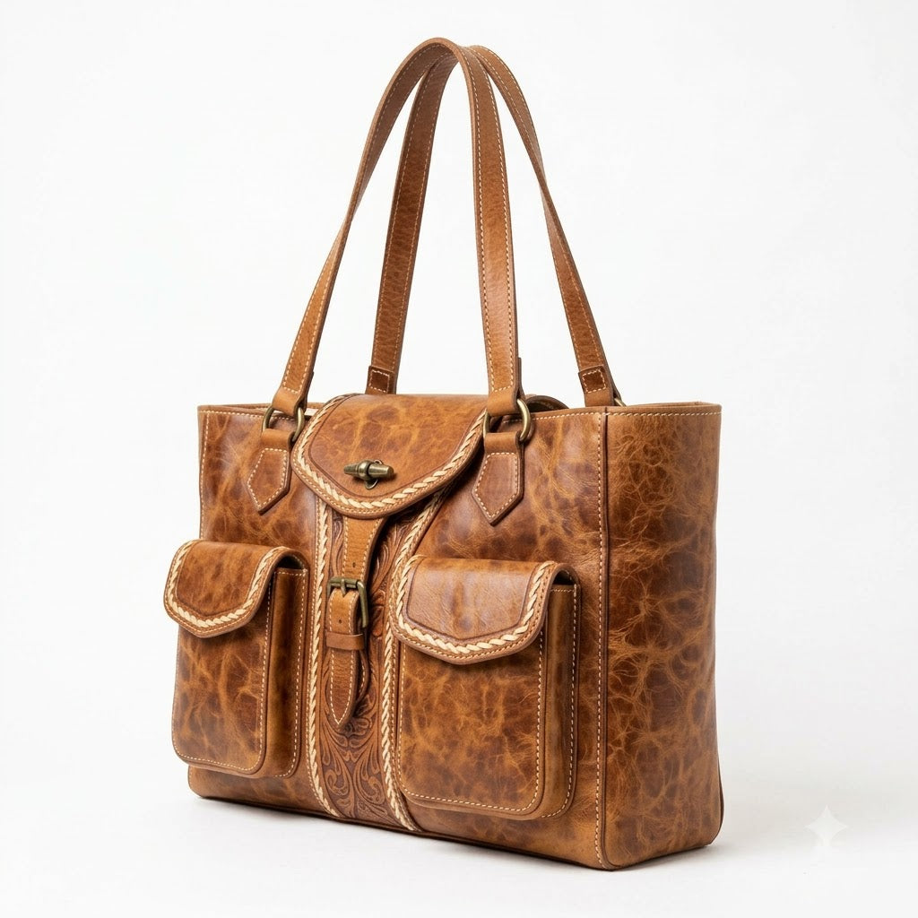 Artisan Pocket Tote brown leather pocket tote, additional product view 2