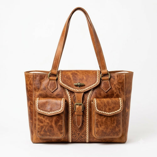 Artisan Pocket Tote structured brown leather tote bag with pockets